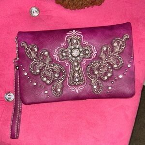 Ornate Purple Wristlet Clutch with Cross Motif